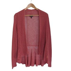 Eileen Fisher Airy Linen Grain Rib Cardigan Pink Medium Open Knit Long Sleeve
